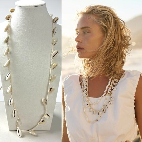 Free People Maui Shell Necklace Bohemian Beach Neutral Natural Resort Vaca NEW - Picture 1 of 9